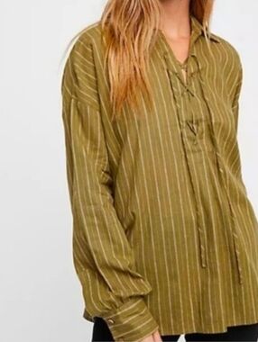 Free People Womens Under the Boardwalk Linen Lagenlook Green Blouse Small